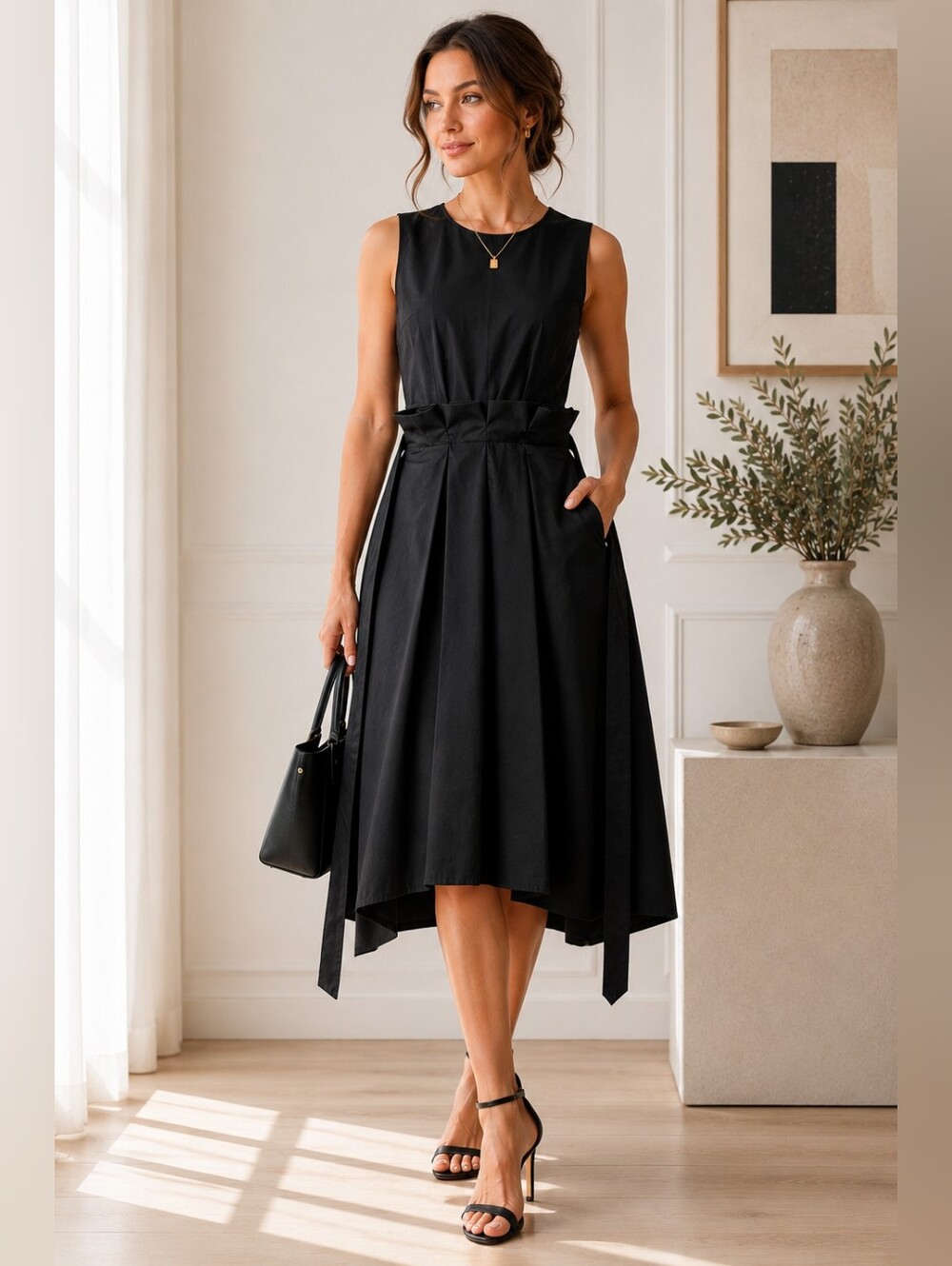 Chepè Italy Black Cotton Pleated Midi Dress – Size M